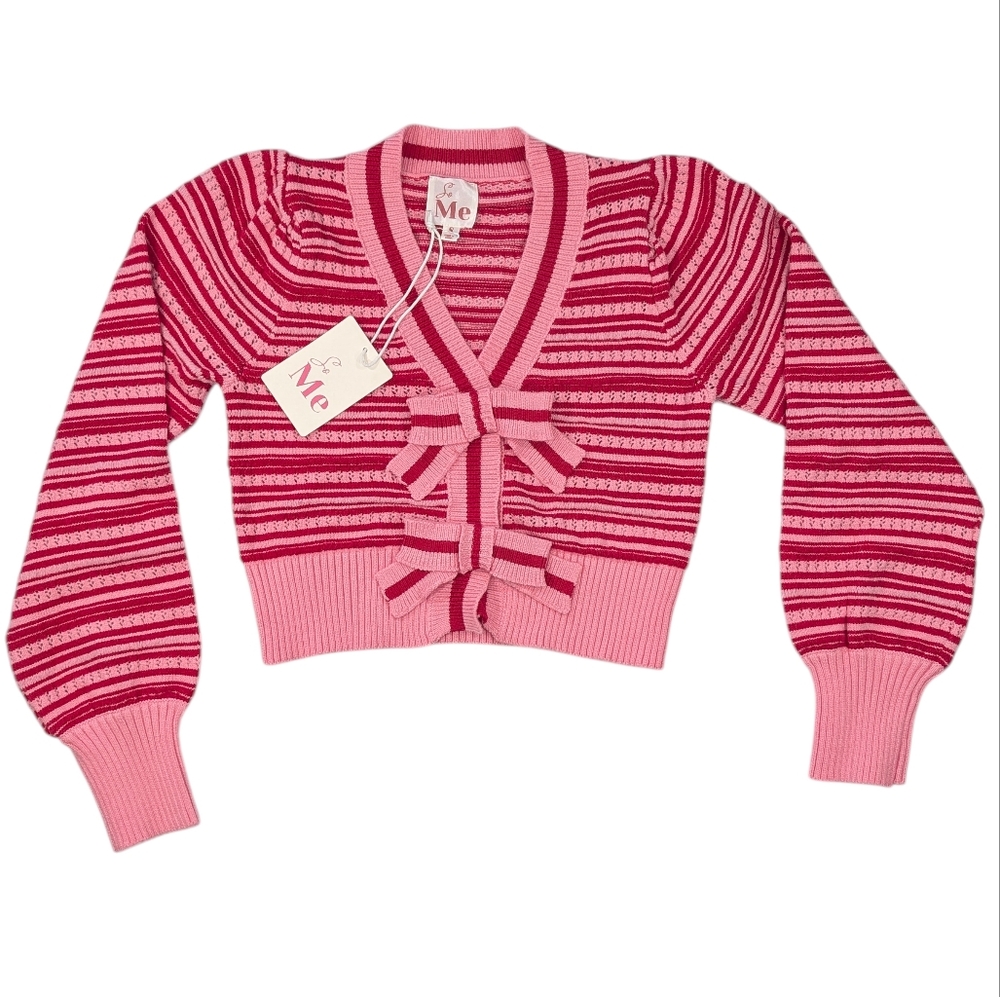 So Me pink & red striped knit Annie, v-neck cardigan W 2 ribbon snaps. Small.